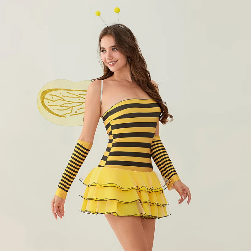 Women Outfit Striped/Dots Print Sleeveless Ladybug/Bee Costume Dress with Hair Hoop