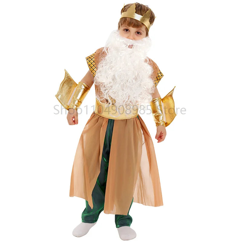 Boy Greek Golden King Neptune Up God of the Sea Halloween Costume for Kids Economic - Clothing / M