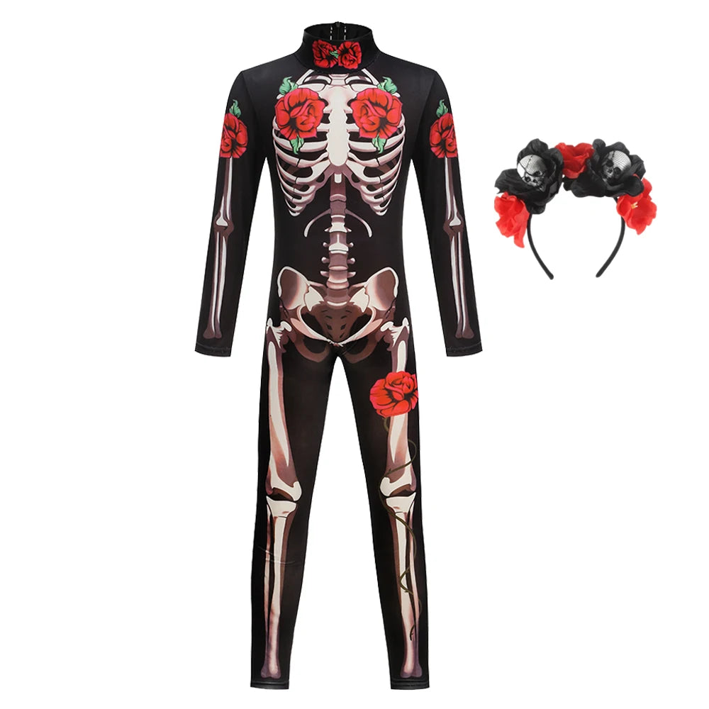 Girls Halloween Cosplay Ghost Bride Gothic Jumpsuit Rose Skeleton Scary - product image 9