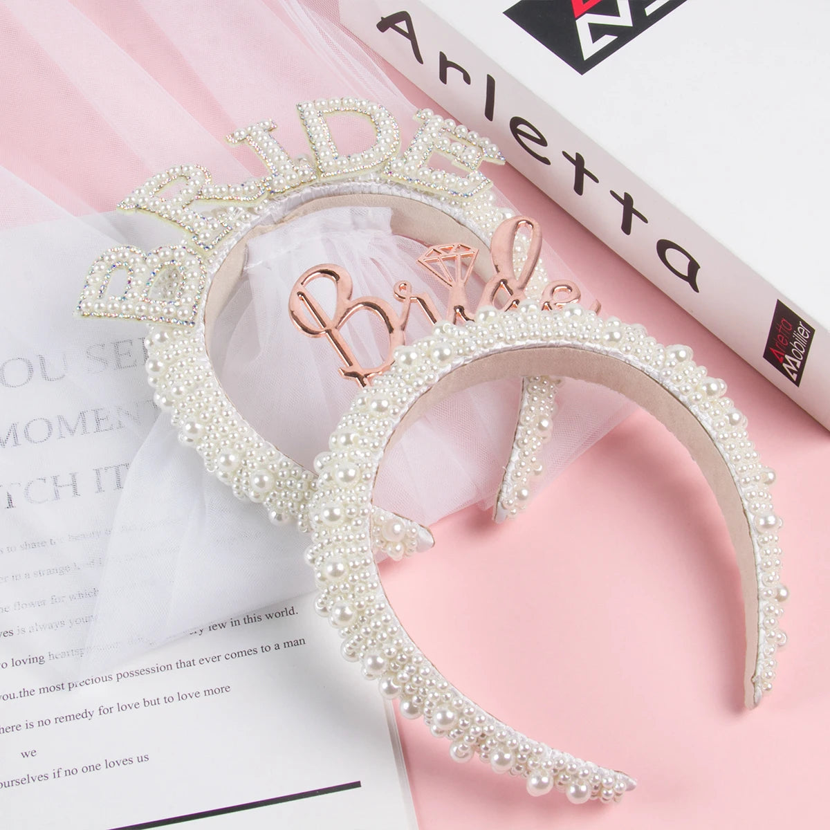 White Bride Headband Pearl Crown with Veil Bride To Be Wedding Decoration - product image 4
