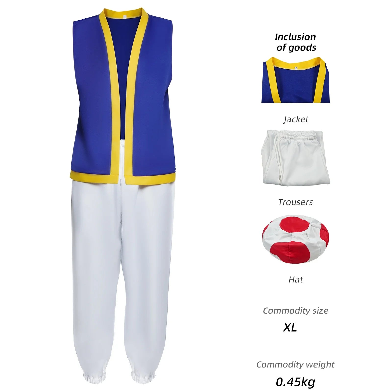 Men Super Bros Toad Costume Adult Halloween Outfit Sleeveless Vest White Pants with - GRAY / 110