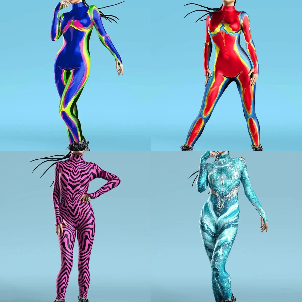 Sexy Zentai Bodysuit Colorful Halloween Costume for Women Outfit Sleeve Front Zipper - O / Adult S