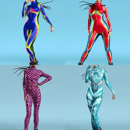 Sexy Zentai Bodysuit Colorful Halloween Costume for Women Outfit Sleeve Front Zipper - O / Adult S