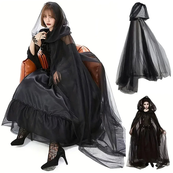 Black Bridal Shawl Witch Vampire Costume Cloak Halloween Double Cloak Game Costume Props - black / M