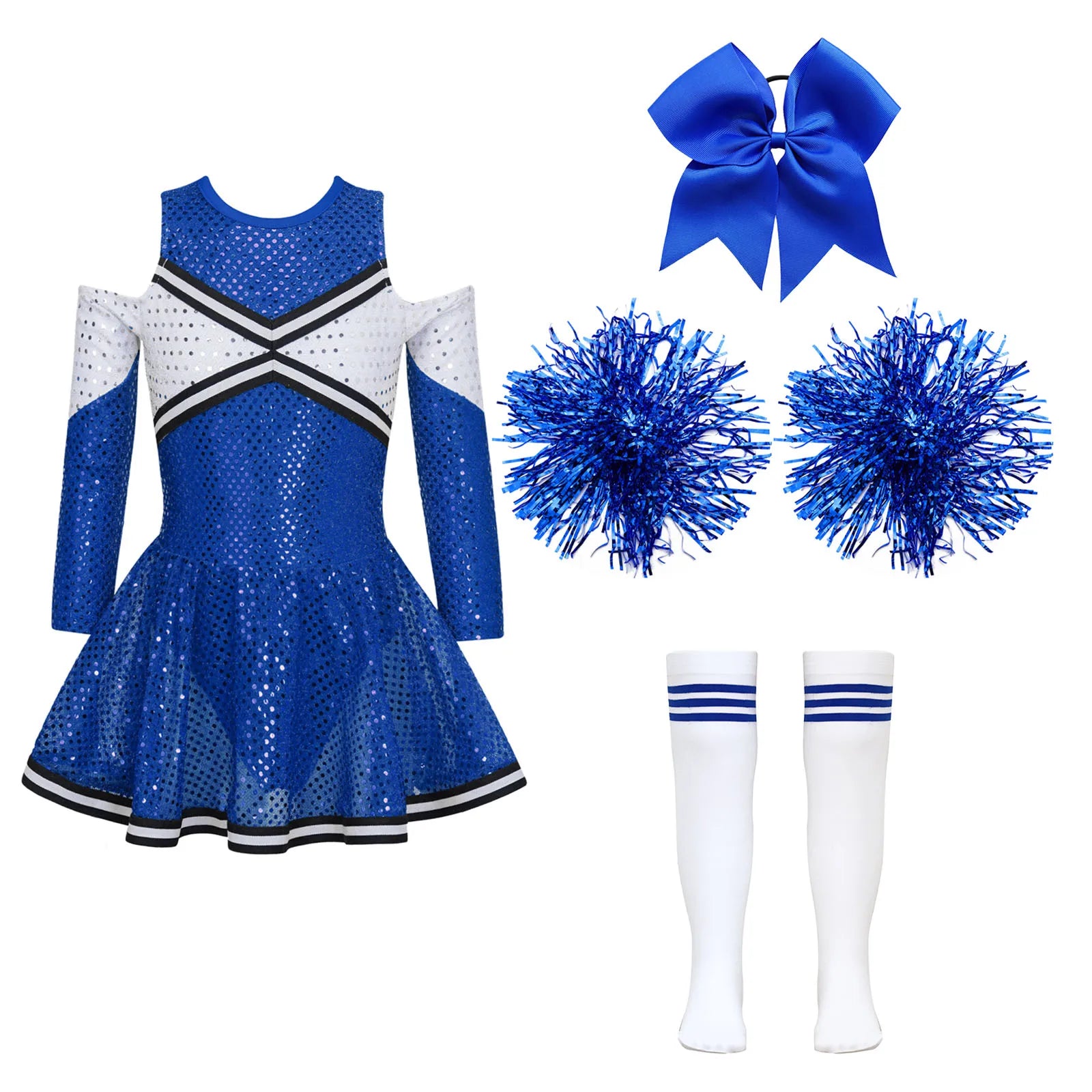 Kids Girls Cheerleader Costume Halloween Cosplay Cheerleading Dance Outfits Sequins Dress with Pom Poms Bow - product image 7