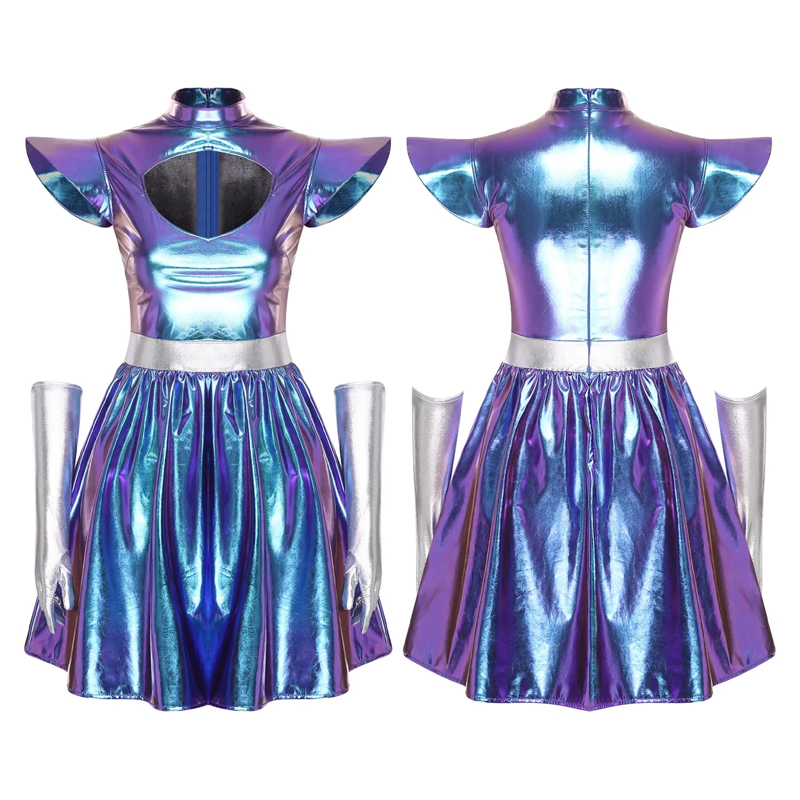 Adult Women Alien Outerspace Halloween Costume Dancewear Sleeveless Space Cadet Leotards - B-Silver / L