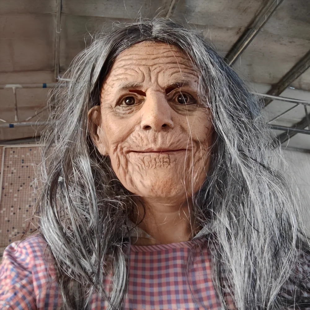 Realistic Granny Old Woman Latex Mask Moving Mouth Soft Rubber Grandma Masque with Grey Hairfor Halloween