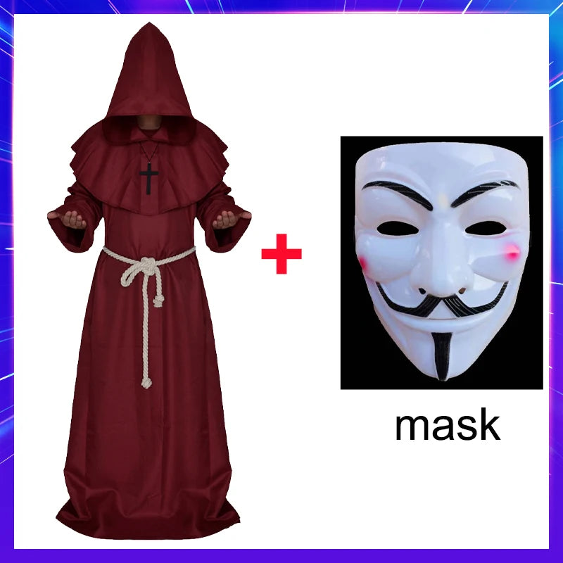 Halloween Wizard Costume Medieval Monk Hooded Robe Costume Mask Hat for Men Steampunk - C4 / Halloween cosplay