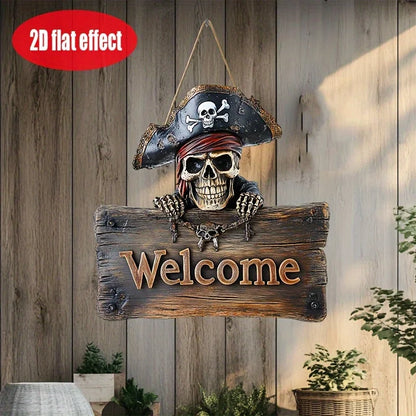 2D Flat 1pc Pirate Skull Welcome Sign Rustic Wooden Door Decoration with Pirate Skull and Crossbones Halloween Party Decoration