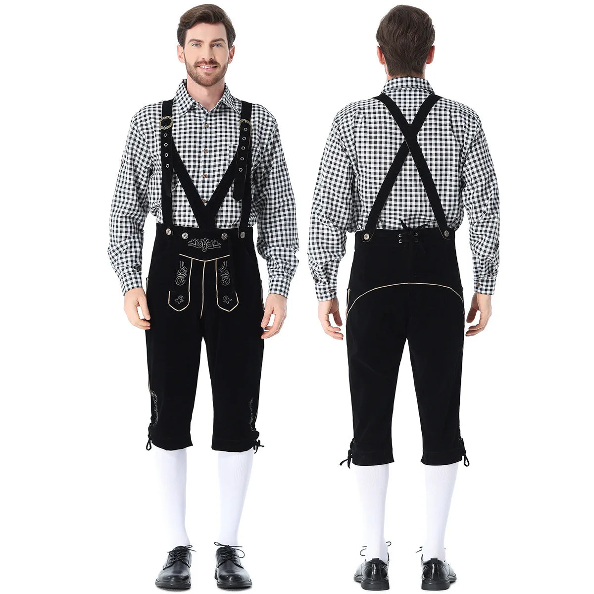Men's Bavarian German Beer Suspenders Short Sleeve Halloween Costume - Green Hat / S