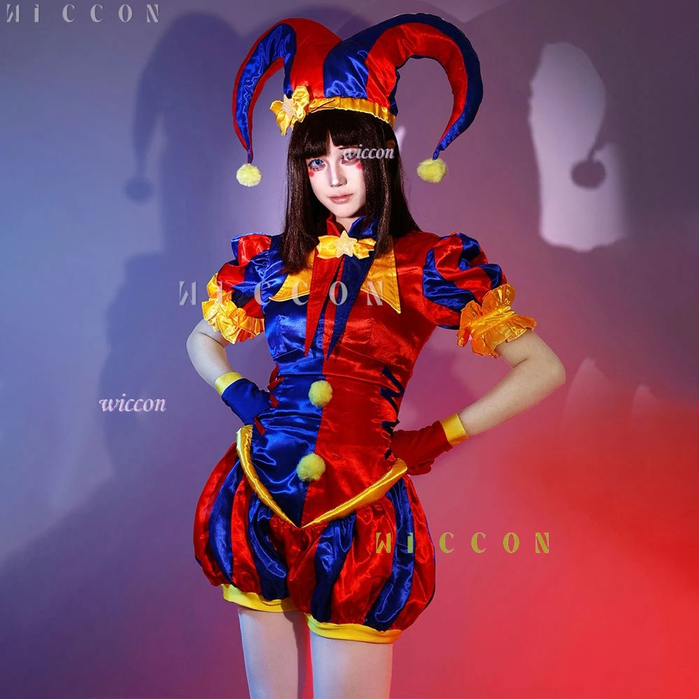 Circus Clown Costume Wig Halloween Cute Pommni Hat Cartoon Onesie Red and Blue Stripe - B and Wig / XXXL