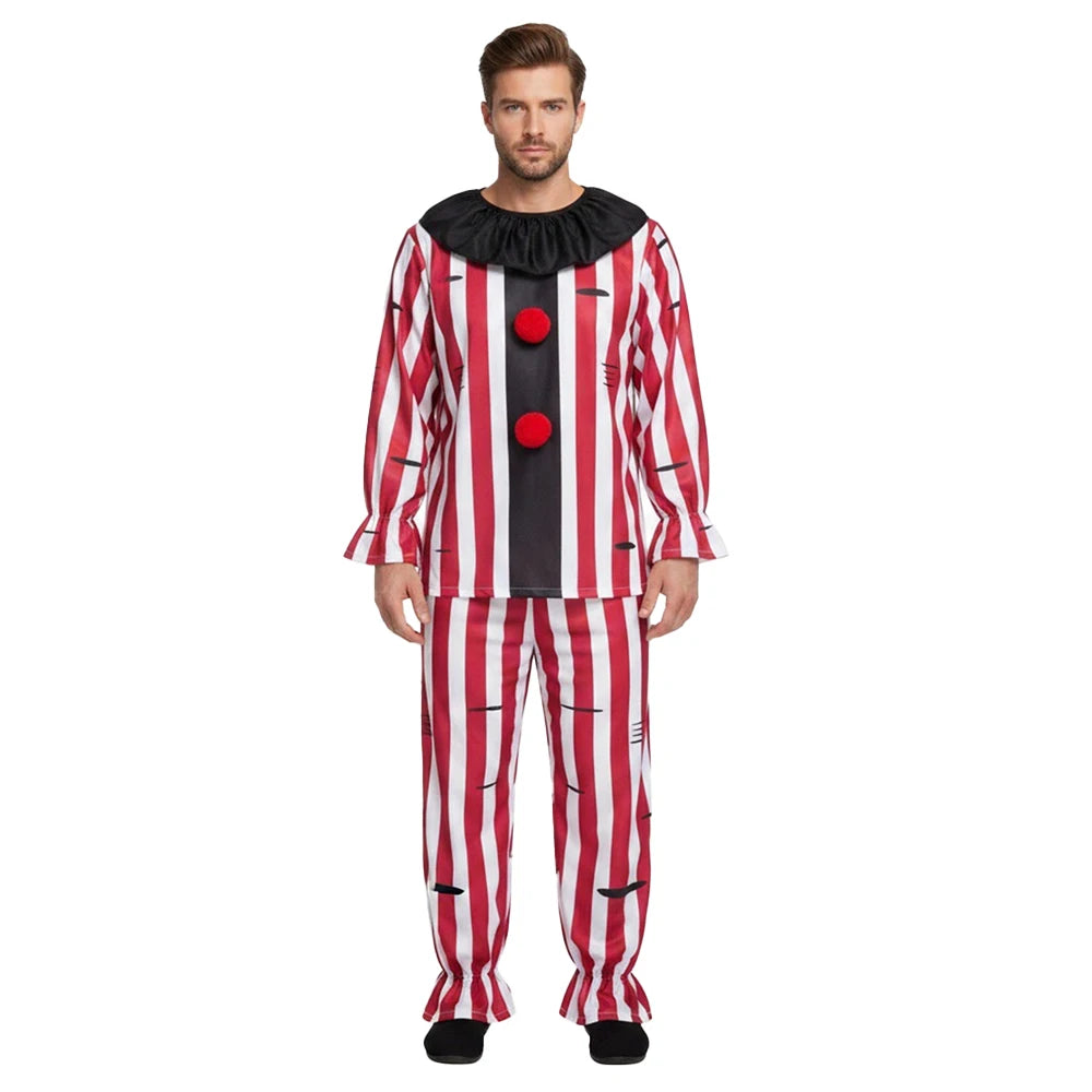Clown Costume Red and White Vertical Striped Loose-Fitting Outfit with Pleated Top Pants Adult Prank Costume - product image 2