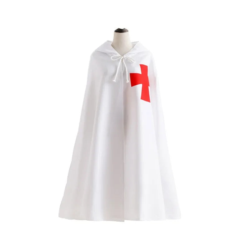 Medieval Crusader Costume Templar Cape Cloak with Hood Men's Renaissance Robe Knight Larp - WHITE / XXL