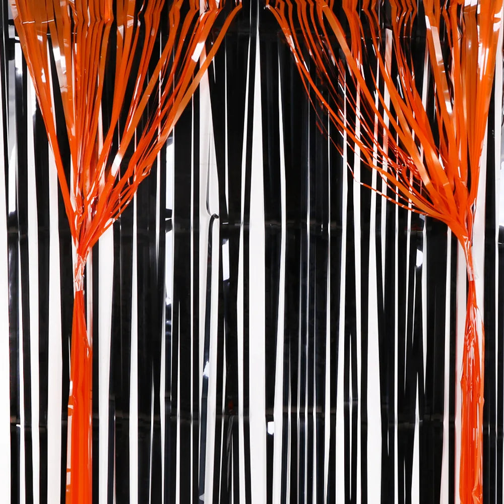 2Pcs Halloween Decoration Backdrop Tassle Curtains Black Orange Foil Fringe - product image 4