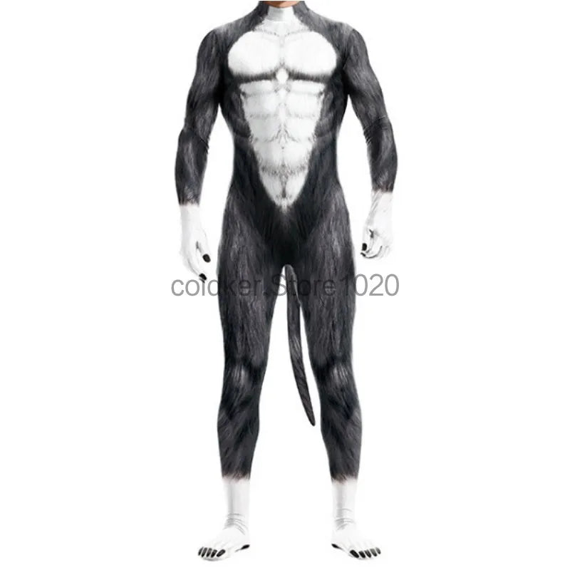 Pet Men Animal with Tail Full Cover Elastic Zentai Jumpsuit Dog Puppy Costume - alternate view 4