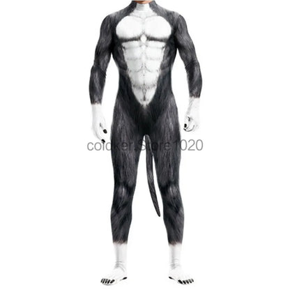 Men Halloween Animal Costume with Tail Adult Full Cover Elastic Zentai Pet Costume - 1 / L
