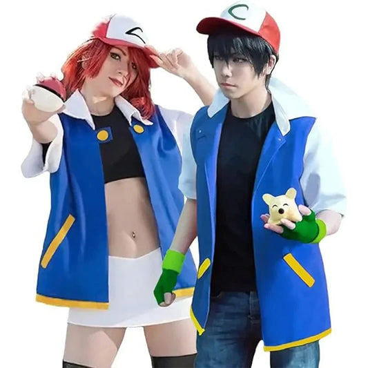 Men Anime Trainer Costume Boys Ash Ketchum Adult for Girls Halloween Women Blue Jacket Cap - Glove ball Hat / Kids 120