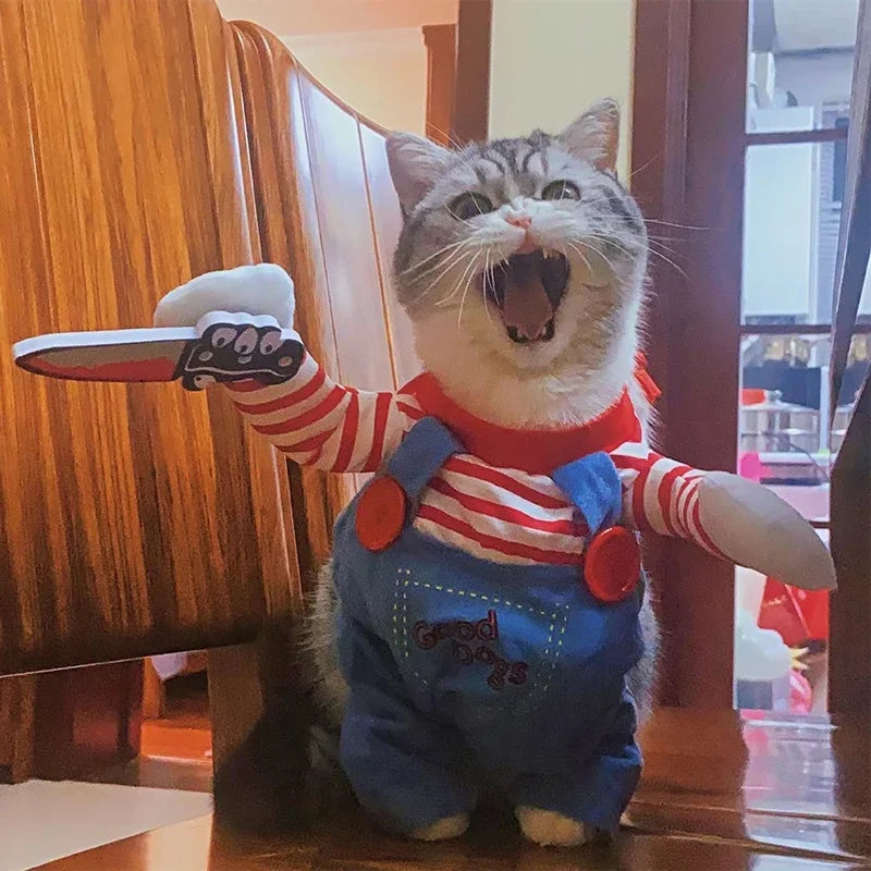 Halloween Pet Costume Cat Costume Holding Knife Puppy Kitten Dress Up Shirt Cats Dogs - Blue without hat / XS