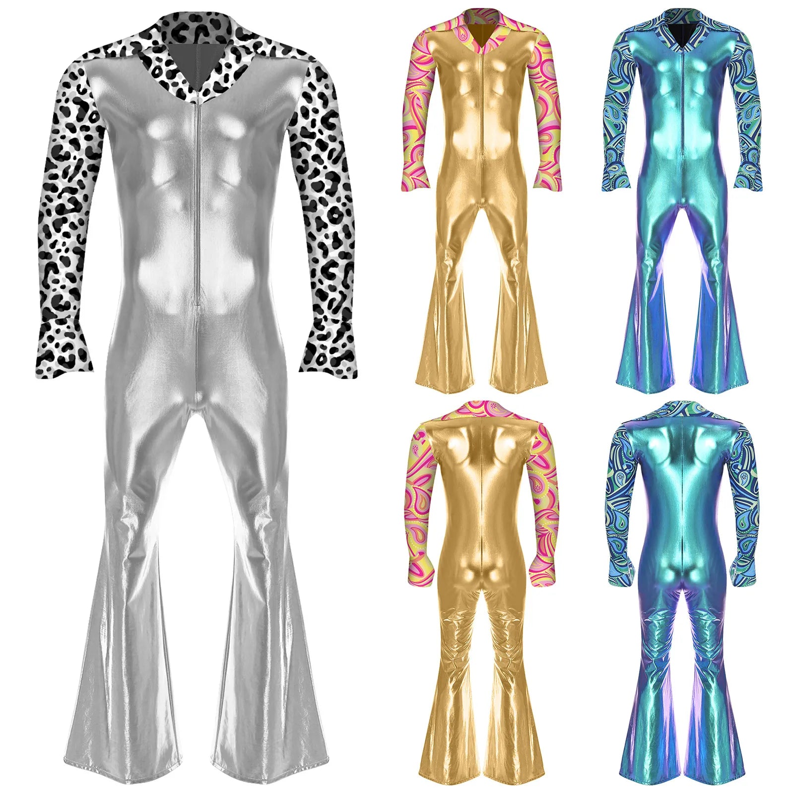Men Hippie Costume Retro Disco Jazz Dance Jumpsuit Lapel V Neck Flare Sleeve Bell Bottom - Blue / 4XL
