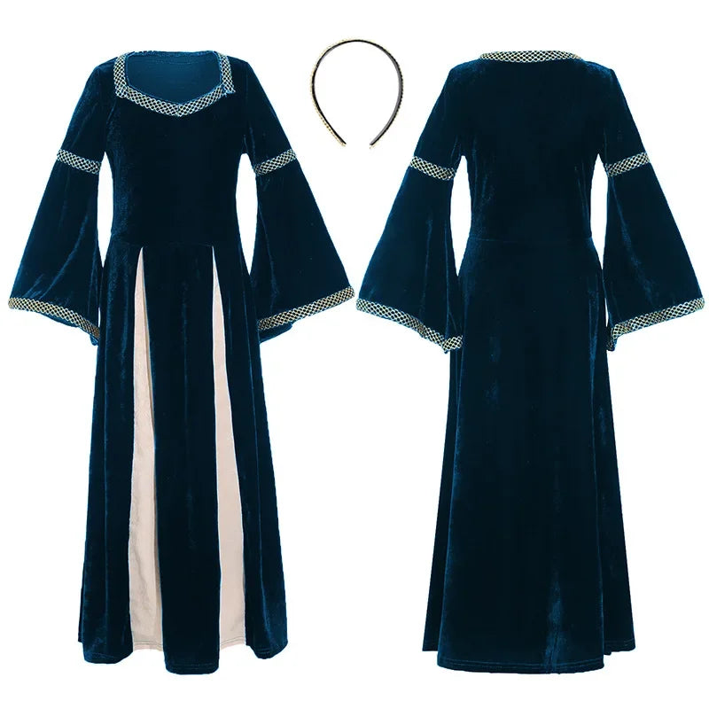 Halloween Girls Costumes Renaissance Retro Medieval Musical Theater Stage Costumes Palace - blue / M