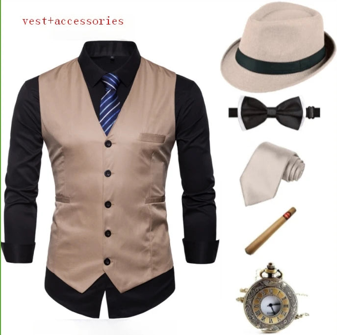 1920s Mens Costume ,Gatsby Gangster Vest,Vintage Pocket Watch,Pre Tied Bow Tie