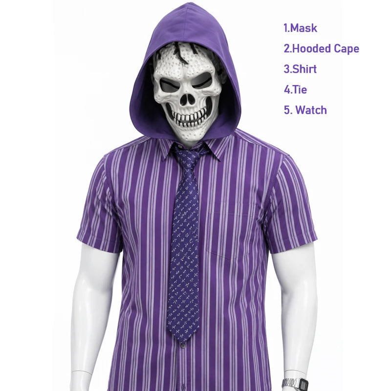 He Man Skeletor Cosplay Costume With Mask Hooded Cape Shirt Watch Tie Daily Commuter Workwear Outfit Men Halloween Carnival Cos