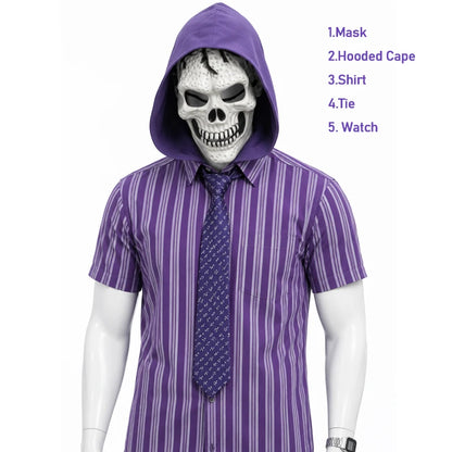He Man Skeletor Cosplay Costume With Mask Hooded Cape Shirt Watch Tie Daily Commuter Workwear Outfit Men Halloween Carnival Cos