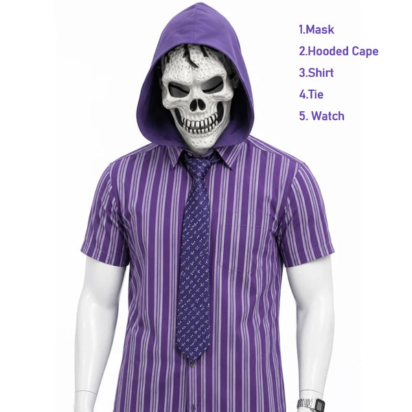 He Man Skeletor Cosplay Costume With Mask Hooded Cape Shirt Watch Tie Daily Commuter Workwear Outfit Men Halloween Carnival Cos