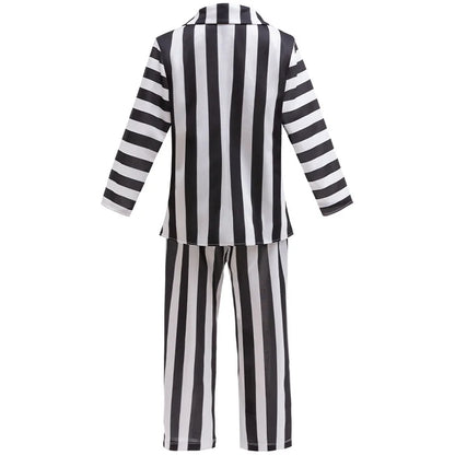 Dashing Suit Cosplay Costume Boys Girls Black and White Striped Coat+Pants Halloween Carnival Dress Up Party Costume Scary Ghost