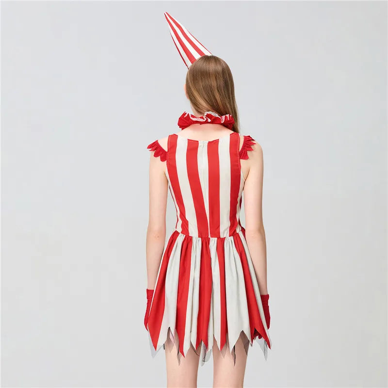 Women's Red Circus Clown Costume – Striped Mini Dress with Accessories