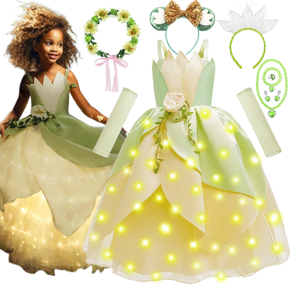 Girls Tiana-Inspired Princess Dress – Floral & Light-Up Costume Options