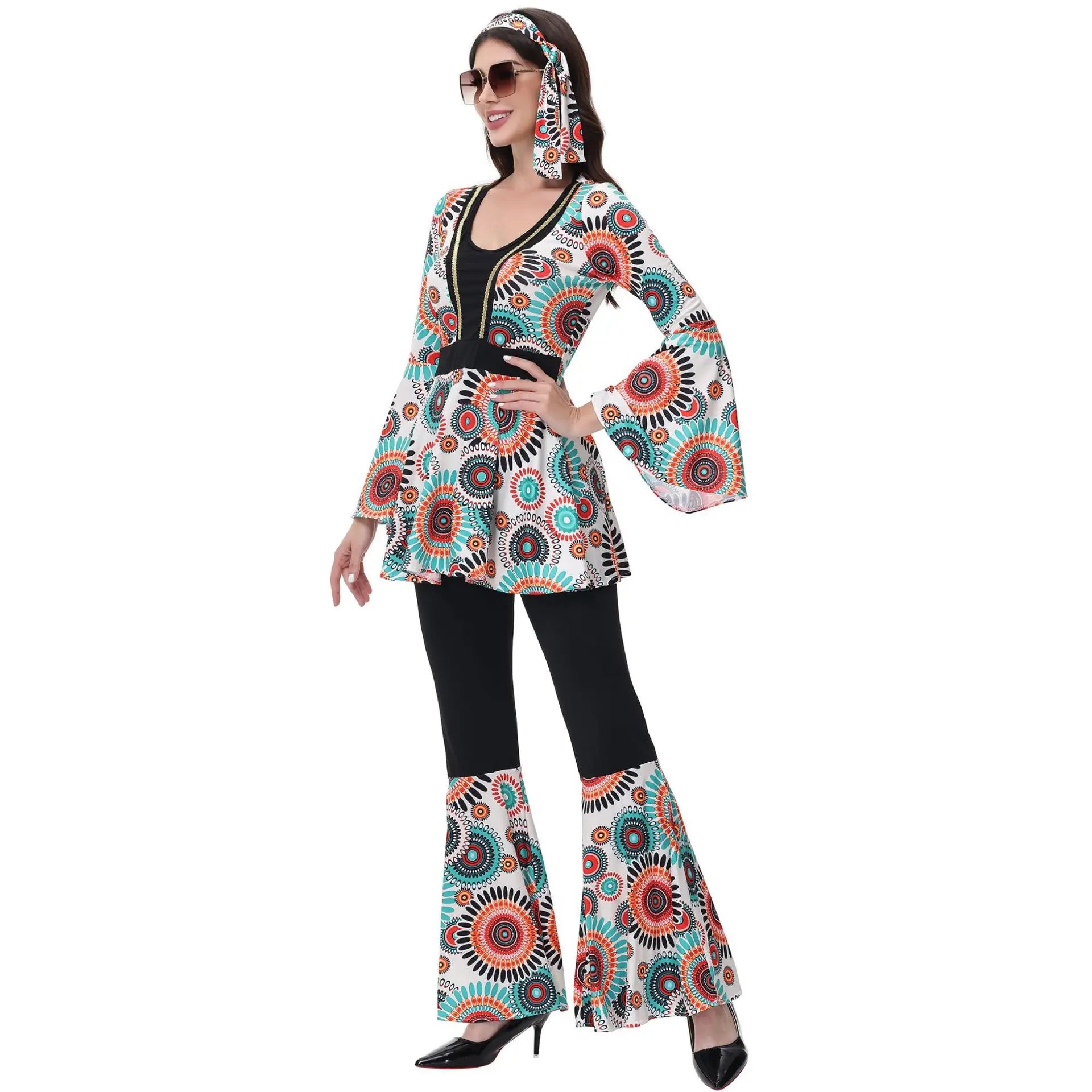 Retro 70s 80s Hippie Costume for Men Women Disco Couples Hippie Costume Dress Up Adult - women / L