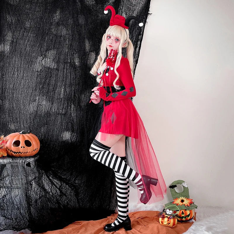 ZAWALAND Costume Clown Dress Costume Women Girls Outfits Halloween Joker Clown Headwear - 2 / 110cm (gril)