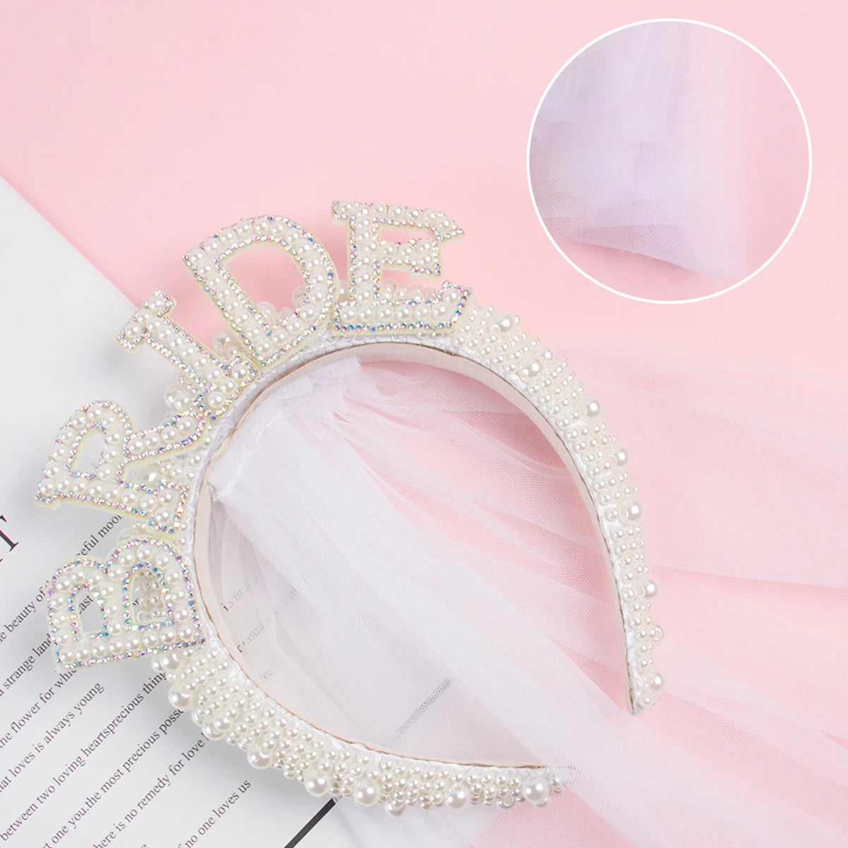 White Bride Headband Pearl Crown with Veil Bride To Be Wedding Decoration - product image 5