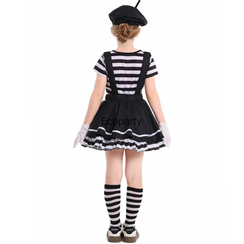 Girls Silent Actor Mime Artist Costume Black White Clown Costume Dress for Kids Kids - View 6