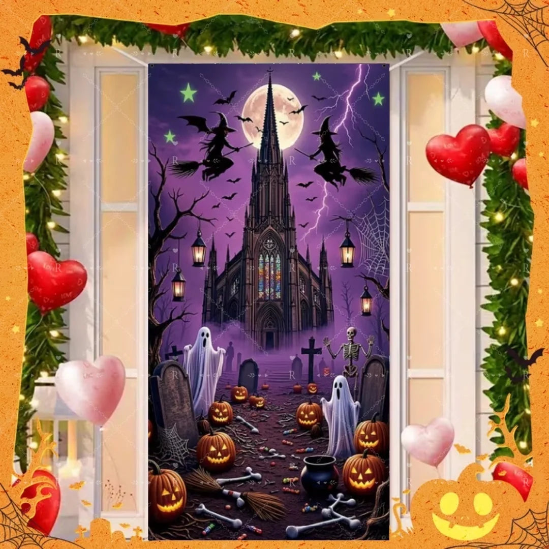 Happy Halloween Decor Door Cover Banner Horror Night Castle Bat Ghost Pumpkin - product image 22