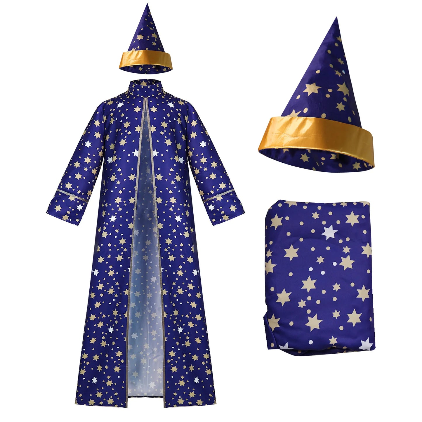 Men Magic Magician Costume Wizard Costume Blue Starry Robe Cloak Hat Medieval Adult - Purple / L