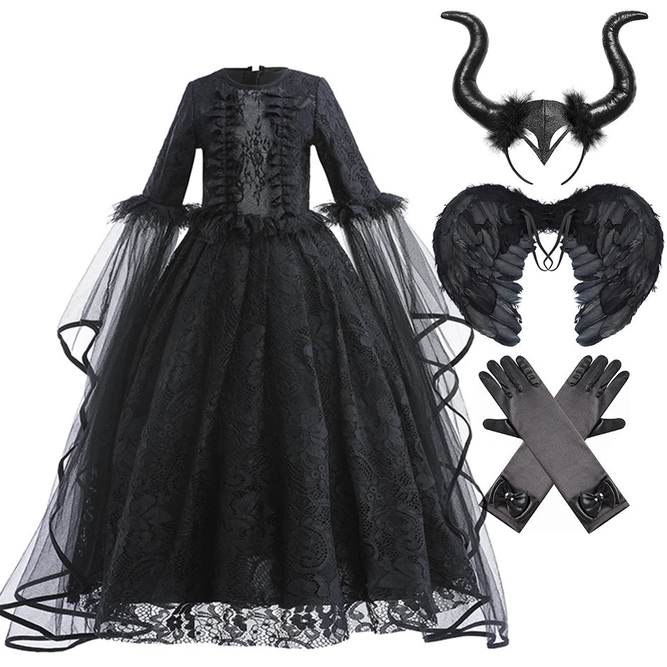 Halloween Dress For Girls Evil Witch Cosplay Costumes Children Lace Ruffles Floor Length Outfits Kids - product image 13