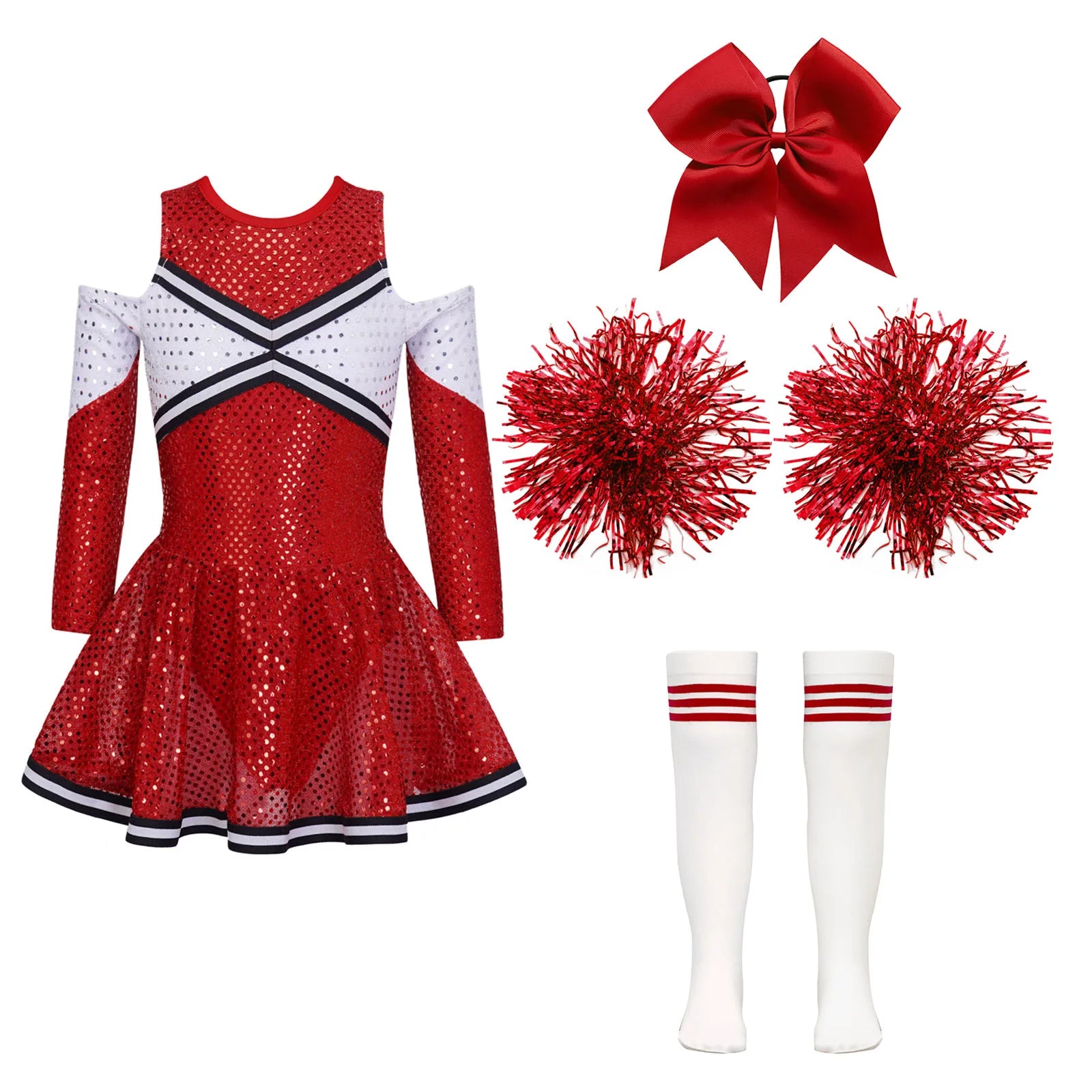 Kids Girls Cheerleader Costume Halloween Cosplay Cheerleading Dance Outfits Sequins Dress with Pom Poms Bow - product image 13