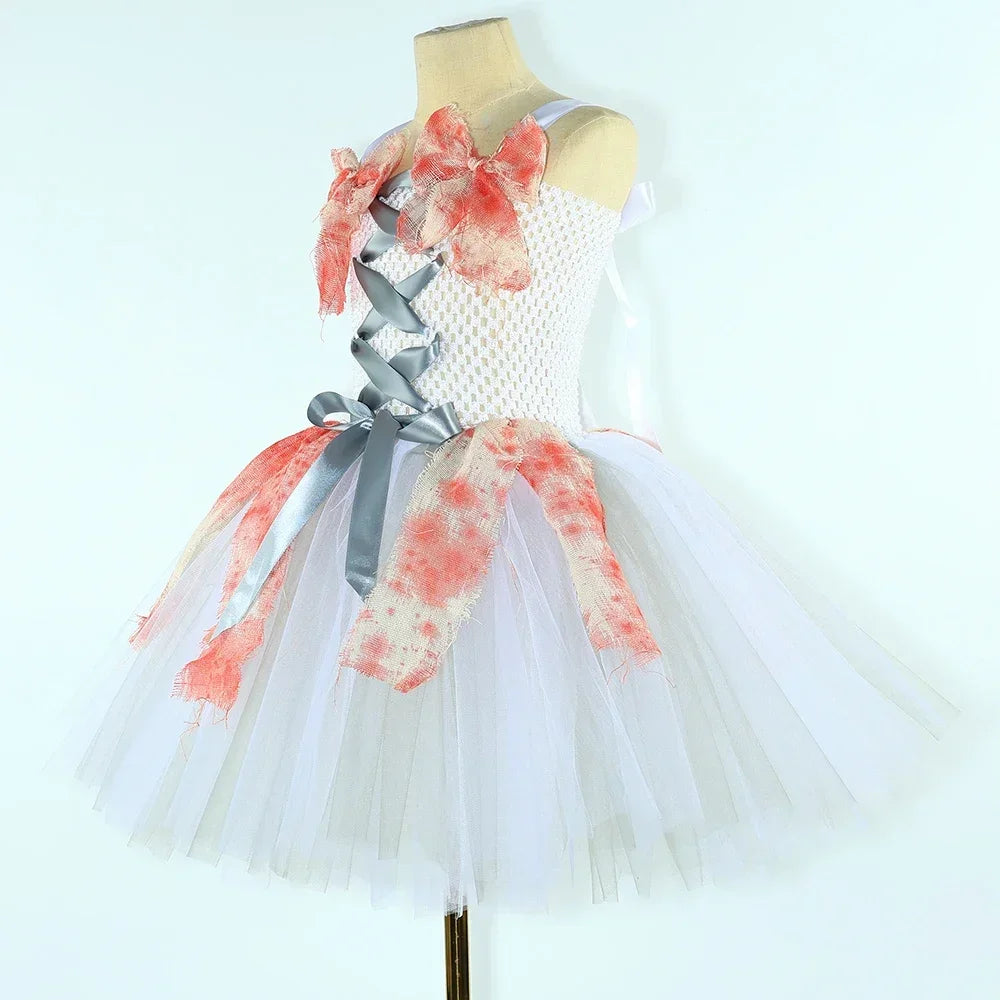Gothic Zombie Bride Costume Kids Carnival Party Role Play Dress Up Bloody Ghost Dead - product image 3