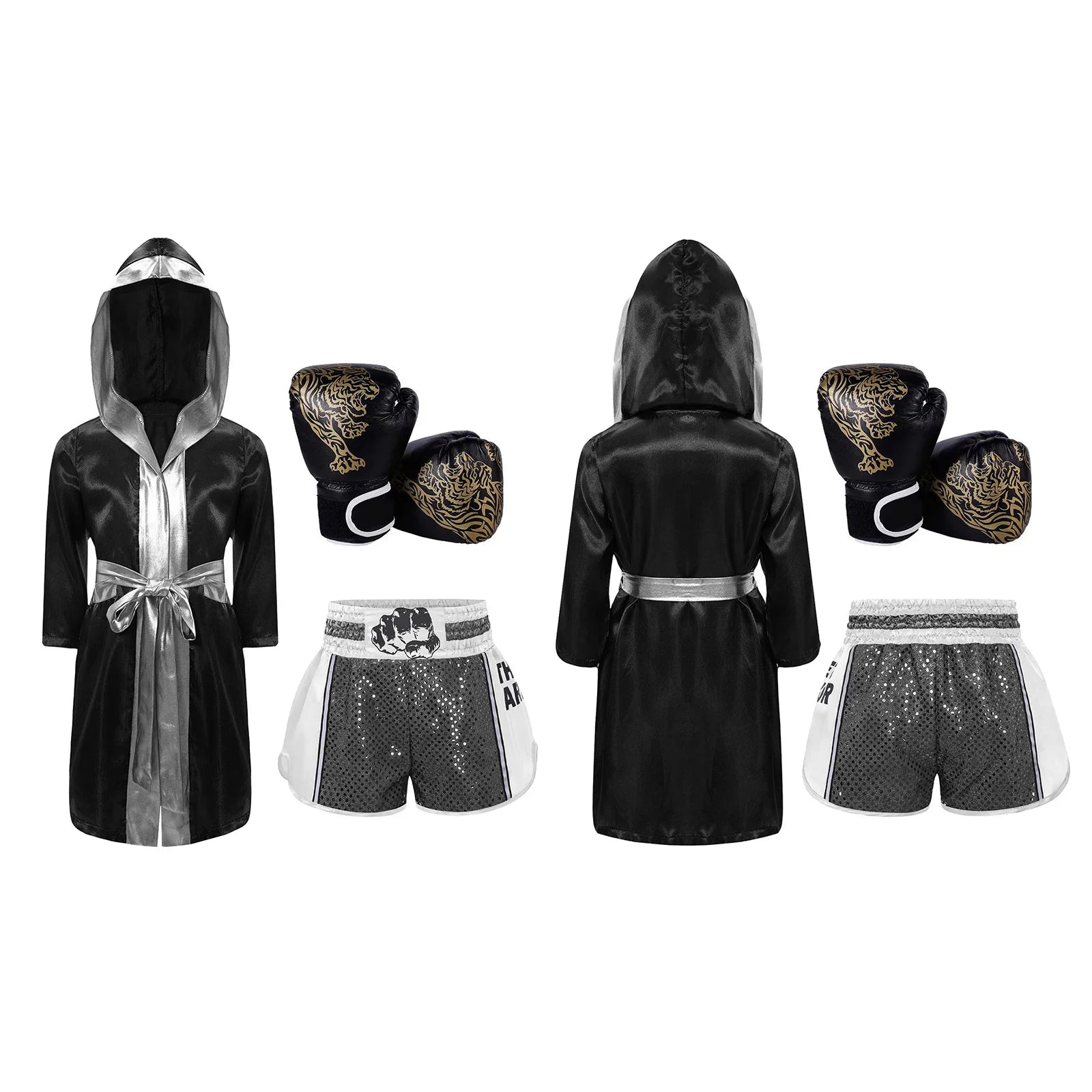 Boxing Long Sleeve Metallic Trim Satin Hooded Robe Belt Sequins Shorts Gloves - alternate view 6