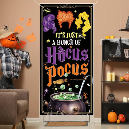Halloween Door Cover, Hocus Pocus Sanderson Sisters Front Porch Door Sign Banner, Halloween Decorations and Supplies for Home