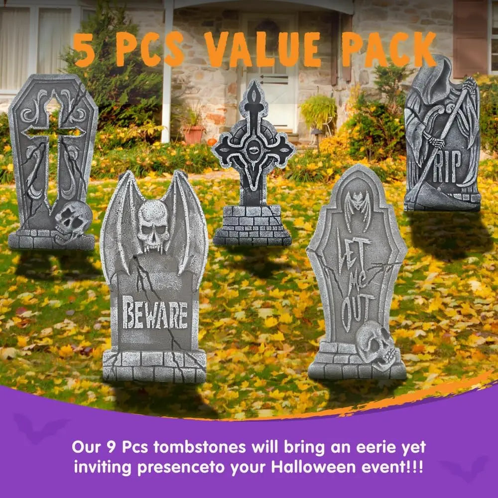 17-Inch Halloween Foam Tombstones Set – 5 Pack Graveyard Yard Decorations with 12 Stakes