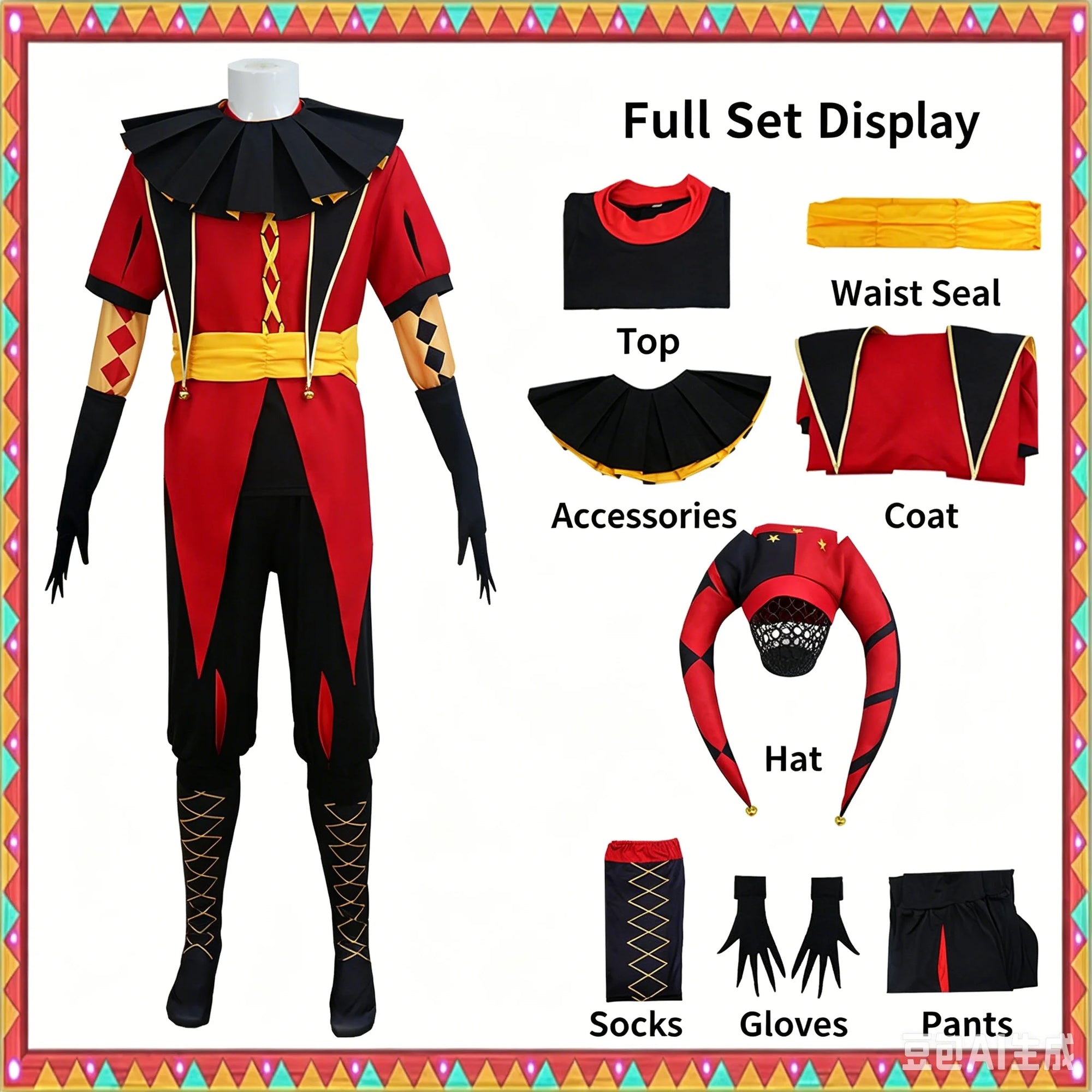 Classic Retro Pierrot Clown Costume Weird Circus Style Full Set Halloween Performance - Red costume / XL