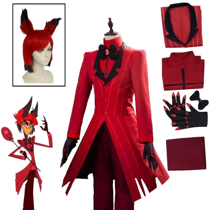 Hazbin Costume Hotel Uniform ALASTOR Costume Adult Men Halloween Jacket Pants Costumes Red - wig / M