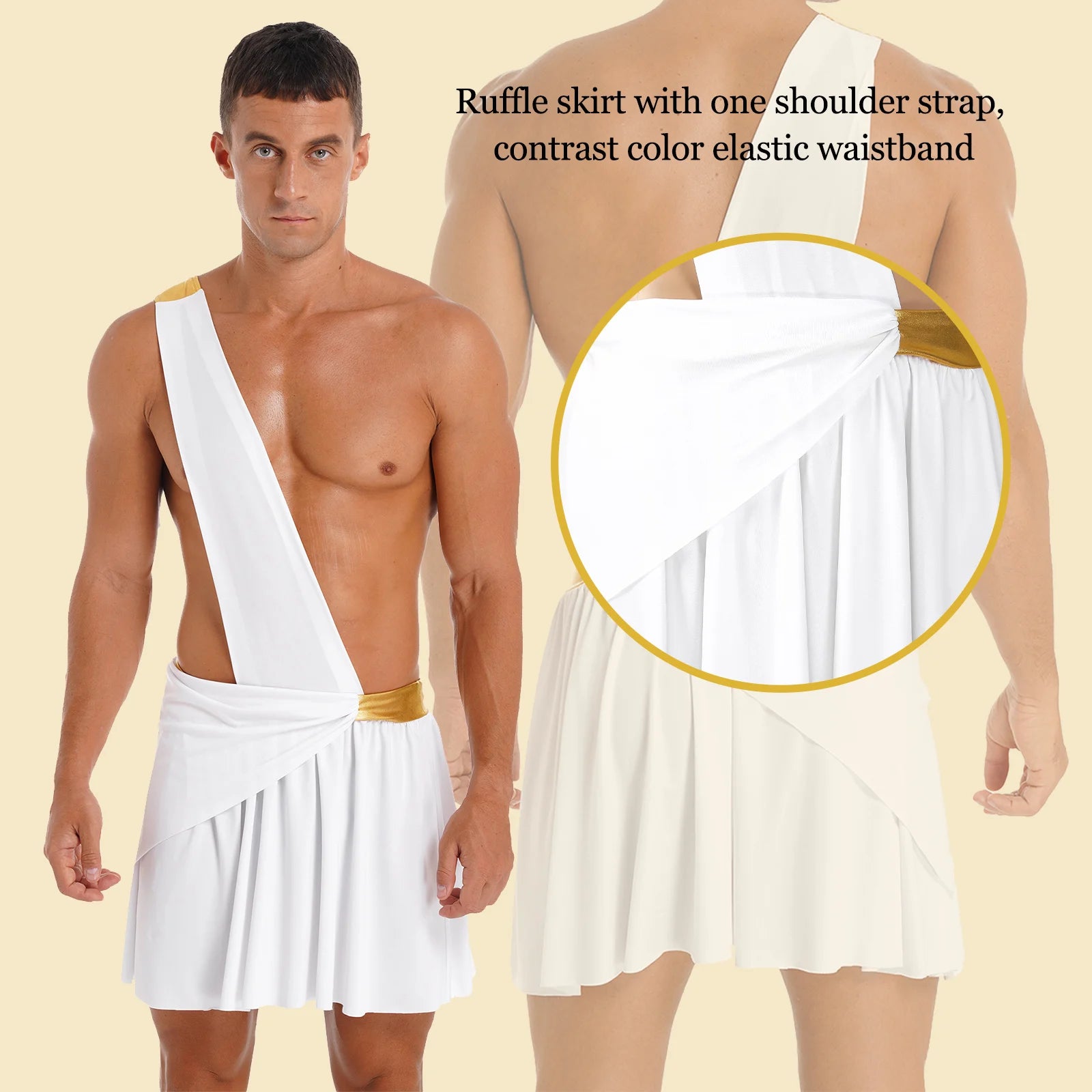 Men's Ancient Greek God Halloween Costume One Shoulder Strap Skirts Knight Warrior - Black A / XL