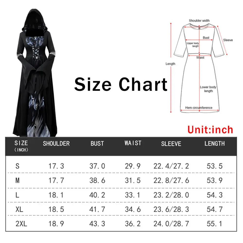 Halloween Witch Dress Women's Gothic-Style Long Hooded Vampire Dress Vintage In Black with Ghost Print and - product image 6