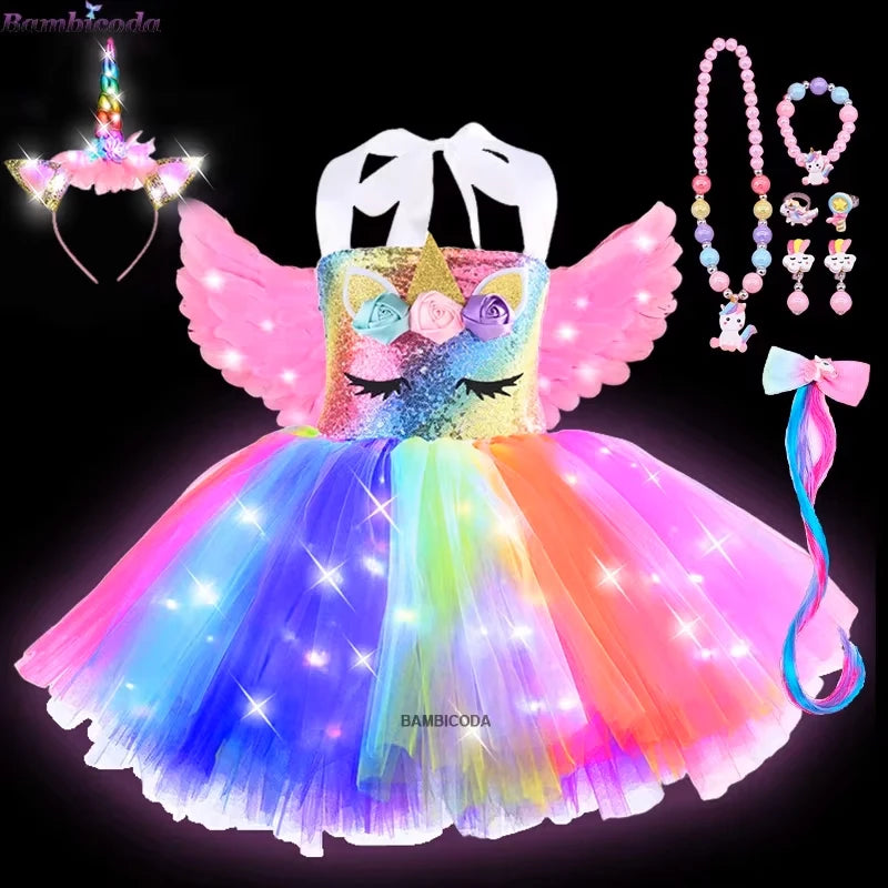 Girls Shiny Unicorn Tutu Led Lighting Dress Glowing Dresses Princess Dress Clothing