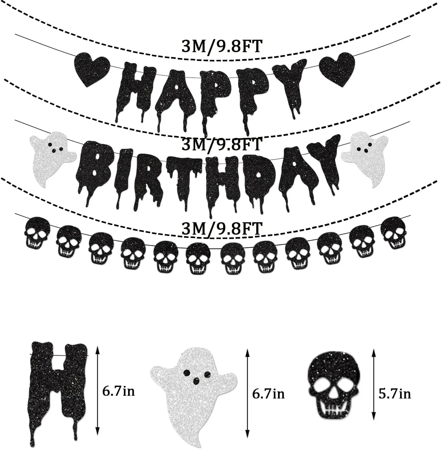 Black Glitter Halloween Birthday Banner Decorations Cake Topper Heart Skull - product image 4