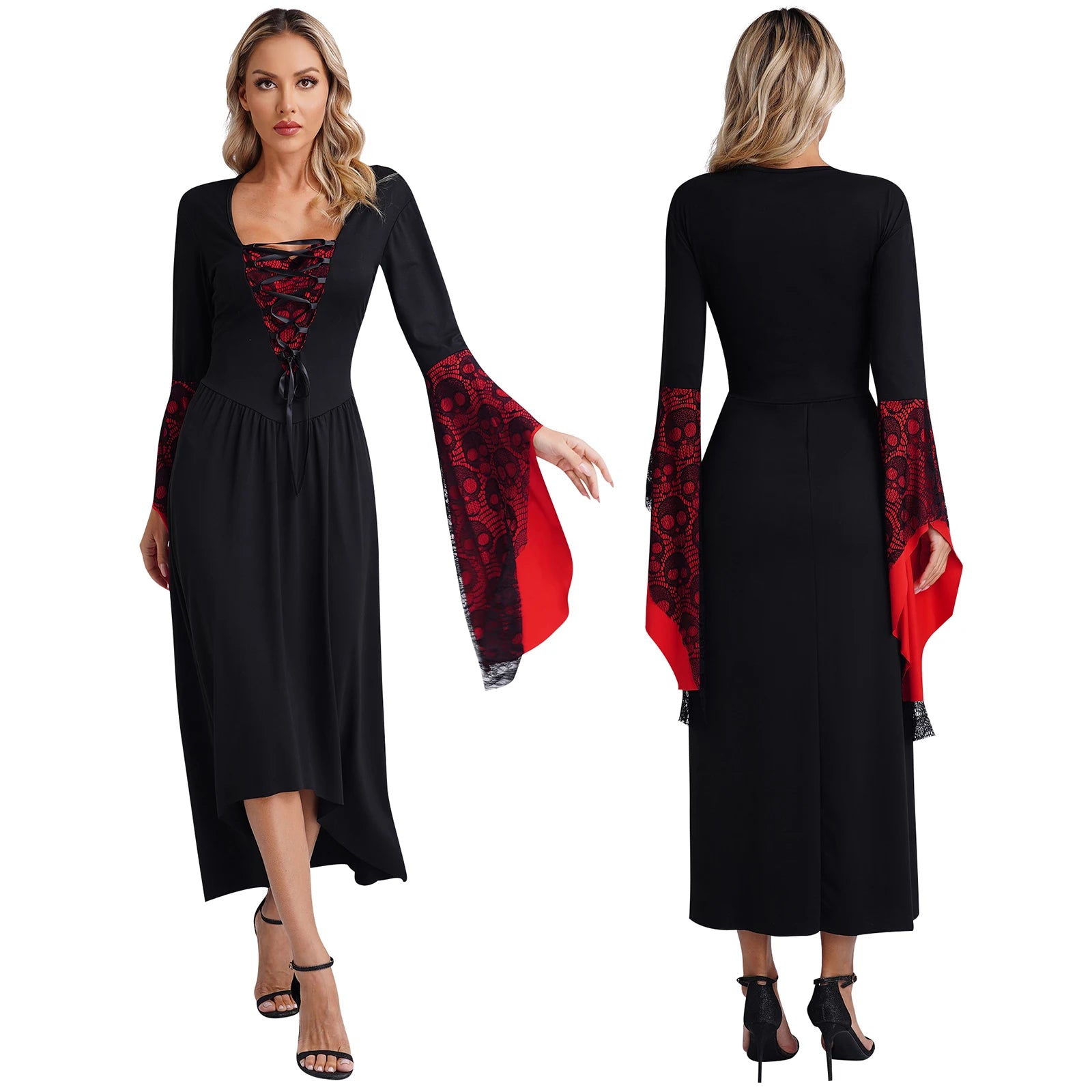 Womens Halloween Medieval Renaissance Cosplay Dress Flare Sleeve Skull Lace High-Low Hem Retro Witch Gothic - product image 7